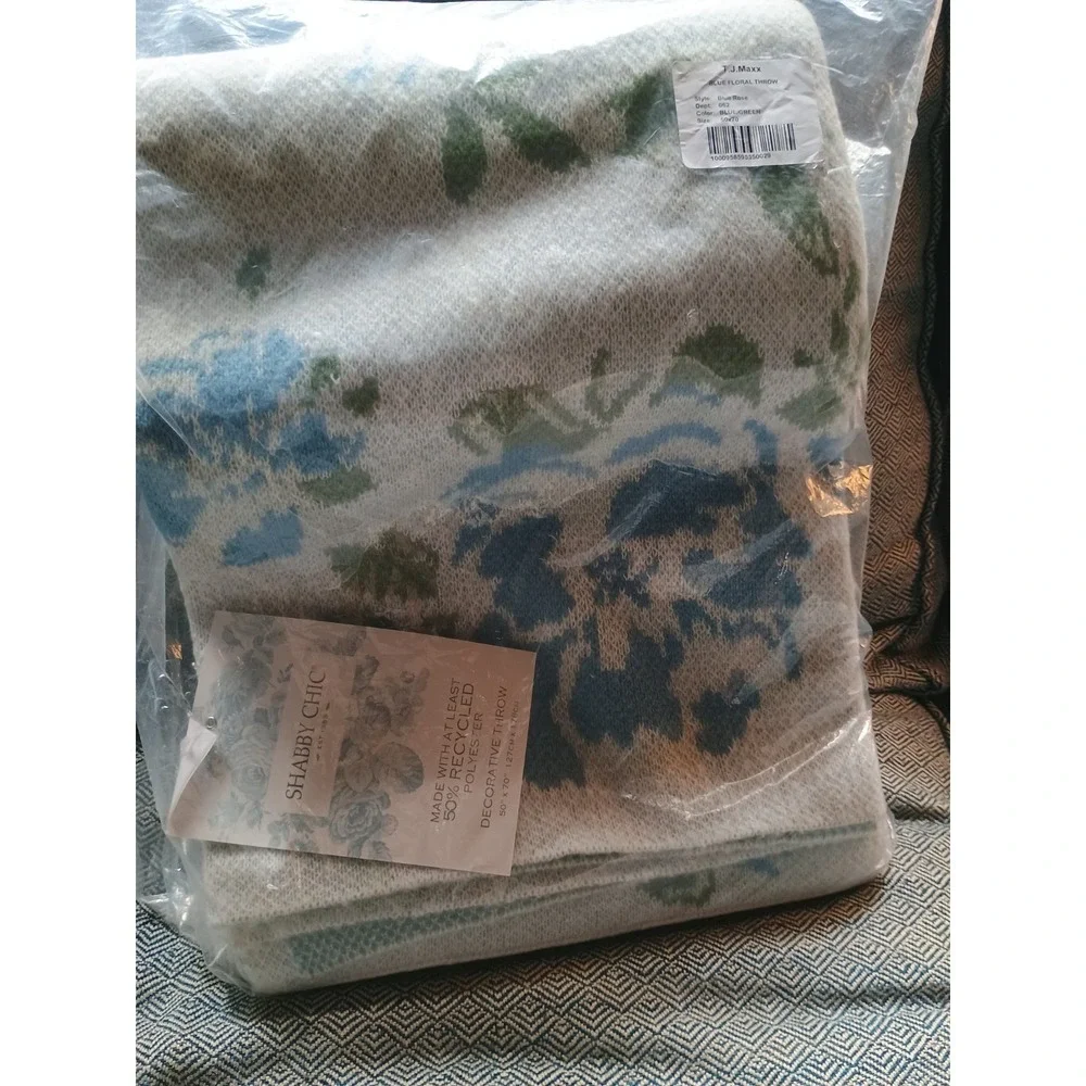 NWT Shabby Chic Knit‎ Throw Blanket Blue Floral 50x70 Cottagecore Flowers Rose